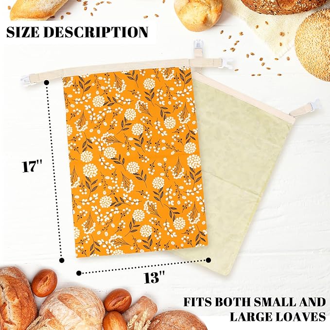 2 Pack Beeswax Bread Bags - 17x13 Inch Reusable Bread Storage Bags,Bees Wax Lined Bread Bags for Home Cooks fresh bread storage Easy Clean (Orange-White flowers)
