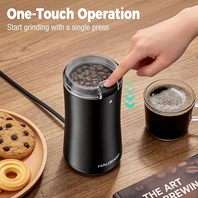HAUSHOF Coffee Grinder Electric, One Touch Coffee Bean Grinder for Beans, Spices, Herbs and Seeds, Compact Design, with Clean Brush Black