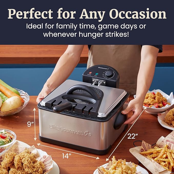 Elite Gourmet Electric Deep Fryer 4.2 Quart Oil Capacity with Temperature Knob, 1 x 4Qt Basket, Powerful 1700 Watts, Lid with Anti-Odor Filter & Viewing Window, Stainless Steel