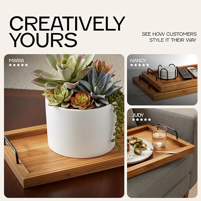 Besti Rustic Vintage Food Serving Trays (Set of 2) | Nesting Wooden Board with Metal Handles | Stylish Farmhouse Decor Serving Platters | Large: 15 x2 x11” - Small: 13 x2 x9” (Rustic Light Brown)