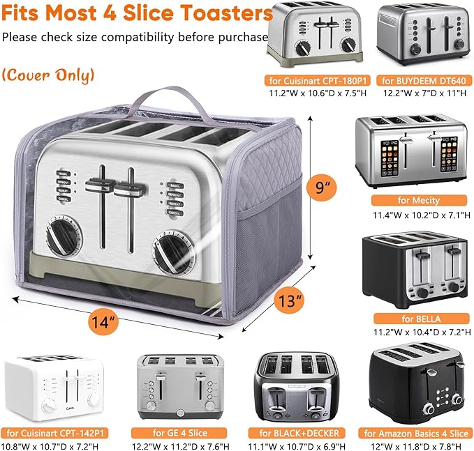 BAGSPRTIE Toaster Cover for 4 Slice Wide Slot, Full Open Dust Covers for Kitchen Appliances Compatible with Cuisinart, BELLA, Black and Decker 4 Slices, Toaster Bags with Zipper Closure (Cover Only)