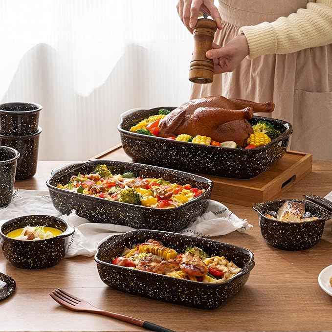 3-Pack Deep Rectangular Ceramic Baking Dishes, Heavy-Duty Oven-Safe Stoneware Casserole Pans for Lasagna Baking, High Heat Resistant Handcrafted Glazed Finish,Speckle Series(13.8''/12''/9.6'' Brown)