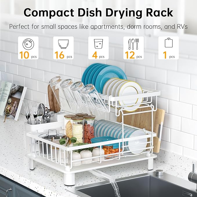 Dish Drying Rack, 2 Tier Dish Racks for Kitchen Counter, Compact Dish Drainer Rack, Detachable Dish Rack with Drainboard, Utensil Holder, Cup Holder for Small Space - White