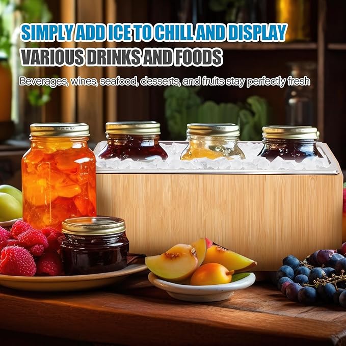Ice Housing Bin with Removable Tray Ice Holder Container Wine Beer Champagne Drink Bucket Beverage Tub for Freezer Display Buffet Bar Counter Party Drink Chiller(Bamboo and Steel,13.4" X 7.3" X 6.7")