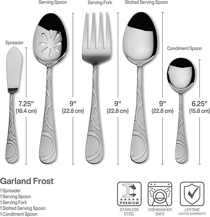 Pfaltzgraff Garland Frost Silverware Set 53-Piece, 18/0 Stainless Steel Flatware Set Service for 8 with Hostess Serving Utensils, Dishwasher Safe Cutlery Set