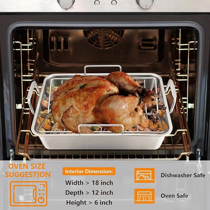 LIANYU 16 Inch Roasting Pan, Large Turkey Roaster with V-Shaped Rack and Baking Rack, Heavy Duty Stainless Steel Deep Broiling Lasagna Pan with Handle for Chicken, Dishwasher Safe