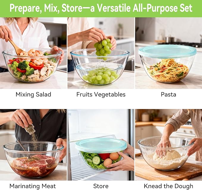YUANYE 5 Pack Glass Mixing Bowls with Lids Set (5/2.5/1.5/0.9/0.6QT), Thick Glass Large Salad Bowl Set, Nesting Kitchen Bowls for Serving, Prepping, Cooking and Baking, Dishwasher,Oven,Microwave Safe