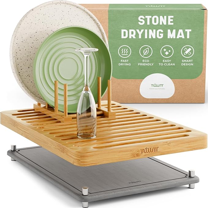 NIUM Stone Drying Mat for Kitchen Counter & Bamboo Rack - 16″x12″ - Diatomaceous Earth Dish drying mat Ultra Absorbent & Fast Drying - EcoFriendly with Non-Slip Pads & Anti-Moisture Design