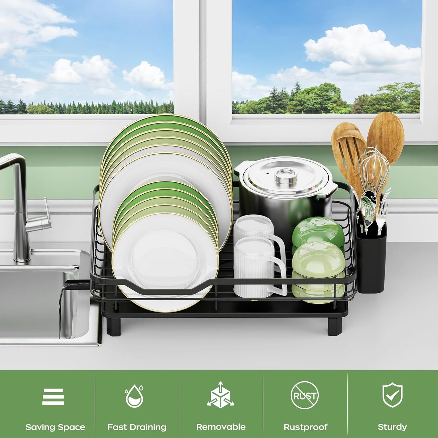 Dish Drying Rack, Stainless Steel Rustproof Dish Rack for Kitchen Counter, Sturdy Dish Drainer with Drainboard, Drainage, Utensil Holder for Various Kitchenware, 16.2"(L) x 12.6"(W), Black