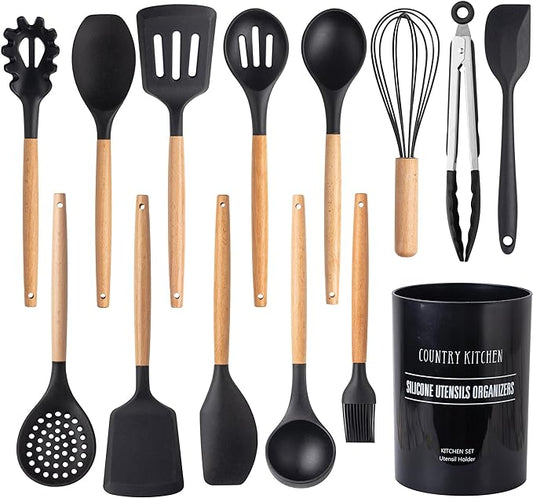 Country Kitchen Non Stick Silicone Utensil Set with Rounded Wood Handles for Cooking and Baking, 14 Piece Set, Black