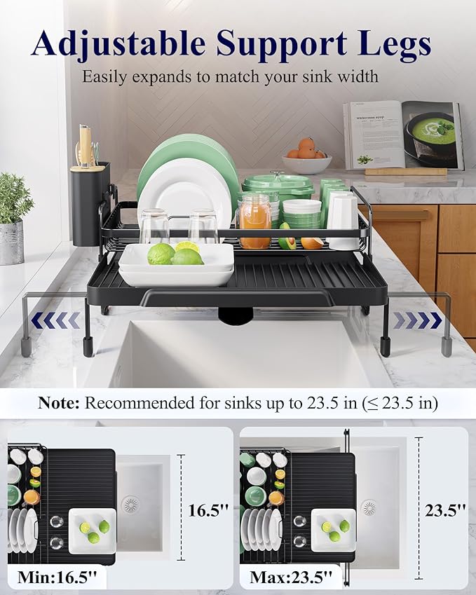 Kitsure Extendable Dish Drying Rack - Adjustable Length 12.8"–21.0", Auto-Draining Dish Rack for Kitchen Counter, Rust-Resistant Metal Frame Over-Sink Support for Plates, Bowls & Utensils, Black