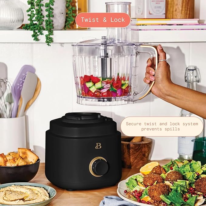 Beautiful by Drew Barrymore 10-Cup Food Processor, 500-Watts, Variable Speed, Pulse, 3" Wide Feed Tube, Stainless Steel Blades, Dishwasher Safe, Large Bowl, Accessories Included (Black Seaseme)
