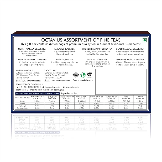 Octavius | Tile Motif Wooden Caddy Tea Sampler Pack | Assortment of 3 Black & 3 Green Teas | 30 Enveloped Double Chamber Tea Bags | Tea Sampler Variety Pack | Perfect for Tea Lovers | Pack of 1