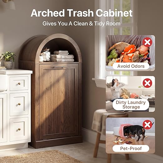 Seang Arched Tilt-Out Trash Can Cabinet,Laundry Hamper Cabinet with Foldable Laundry Basket,Wooden Hidden Garbage Can Cabinets with Metal Handle & Hooks,Walnut