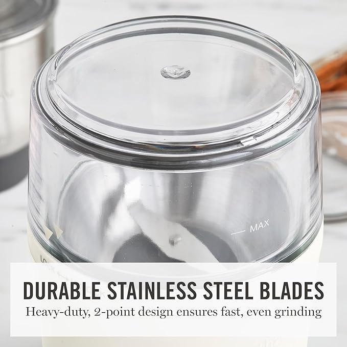 Martha Stewart Electric Coffee & Spice Grinder, Dual 2.5oz Removable Bowls, Storage Lids, Stainless Steel Blades, One Touch Pulse Control, 2-in-1 Compact, Beans & Spices, Herbs & Nuts, Linen White