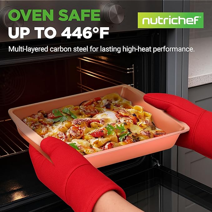 NutriChef 5-Piece Bakeware Set – Premium Non-Stick, Stackable Kitchen Baking Pans with Silicone Handles – Includes 3 Cookie Sheets, Baking Pan & Lid – Perfect for Cakes, Cookies & Brownies