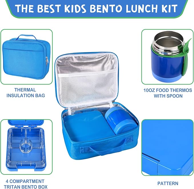 Pawtong Bento Lunch Box Set With 10oz Soup Thermo, Leak-proof Lunch Containers with 4 Compartment, Kids Hot Thermo Food Jar/Insulation Lunch Bag, Food Containers for School （Blue）