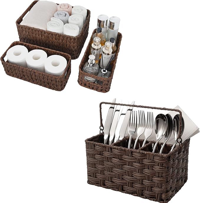 GRANNY SAYS Bundle of 1-Pack Cutlery Caddy & 3-Pack Wicker Storage Baskets