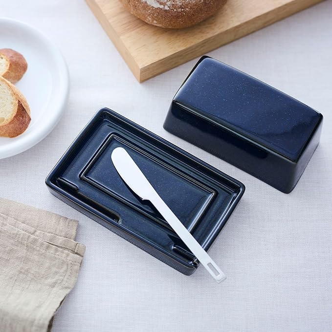 ZERO JAPAN Compact Butter Dish for Countertop, Fits West Coast Butter Sticks (Stubby Size), Ceramic Butter Keeper with Lid, Space-Saving Design, Made in Japan, Jeans Blue