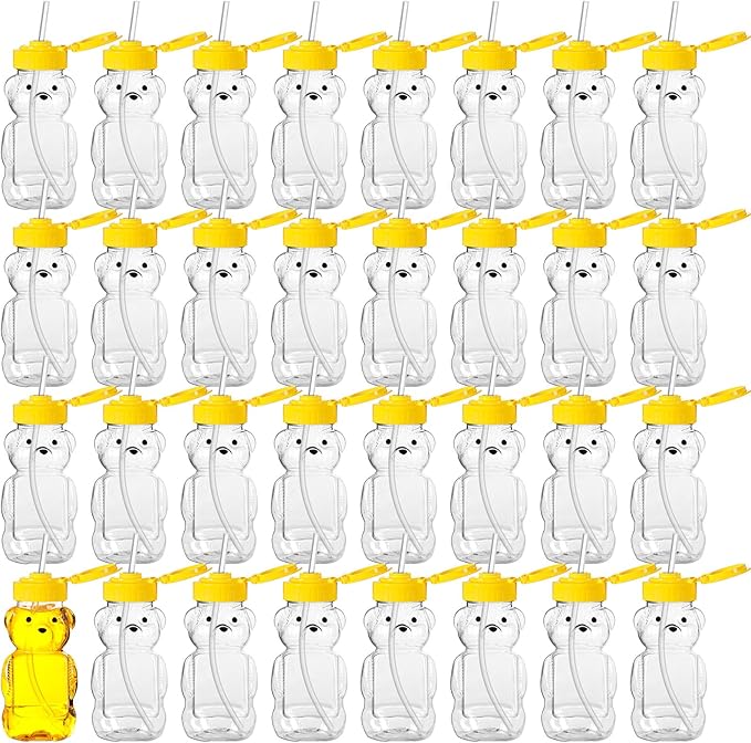 Thenshop 64 Pcs 6 oz Honey Bear Bottle and 64 Pcs Straws Plastic Honey Bear Straw Cup Honeybear Squeeze Jars Cute Empty Bottle for Syrup Sauce Juice Storing and Dispensing