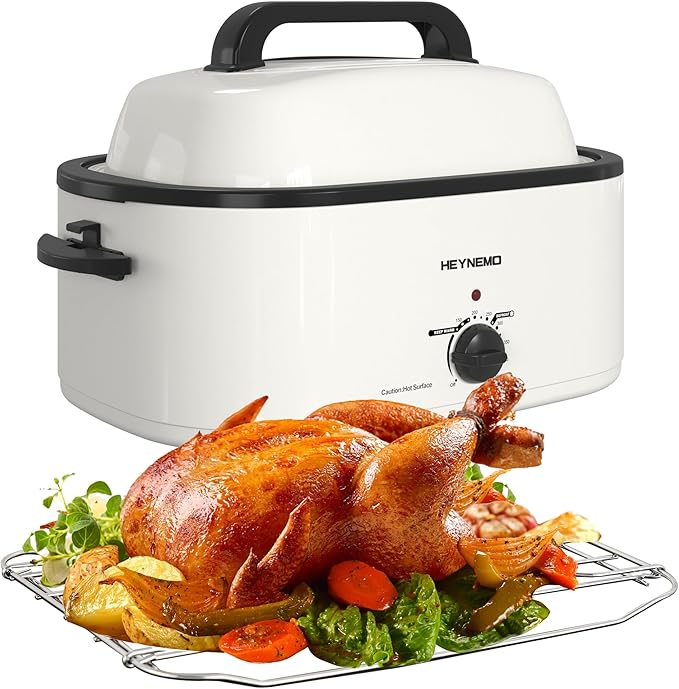 Roaster Oven 22Qt, 1450W Electric Turkey Roaster Oven Buffet with Self-Basting Lid, Cool-Touch Handles, Removable Pan and Rack, Stainless Steel, White
