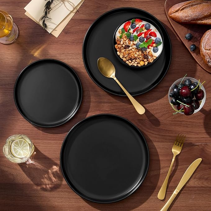 E-far 24-Piece Stoneware Plates and Bowls Sets, Dinnerware Sets for 8, Ceramic Dishware Dishes Set with Terracotta Base, Chip & Scratch Resistant, Microwave & Dishwasher Safe, Matte Black