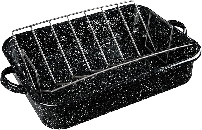 Granite Ware 19-Inch Roasting Pan With V-Rack - Nonstick Rectangular Roaster for Poultry, Baking, Broiling, Grilling - Durable Cookware for Holiday Feasts & Daily Meals - Family Size, Made of Steel