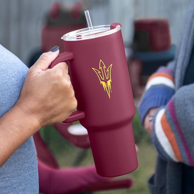 Logo Brands NCAA 40 oz Tumbler with Handle -Stainless Steel Insulated Travel Tumbler with Straw Lid – Powder Coated, Leak-Resistant, Keeps Drinks Hot/Cold – Great for Tailgating, or Everyday Use