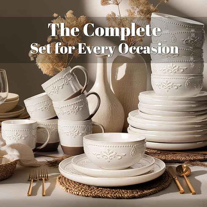 Artena Plates And Bowls Sets, 24 Pieces Dinnerware Sets, Dish Set For 6, Ceramic Kitchen Bowl And Plate Set, Embossed White Dishware Sets, Dishwasher & Microwave Safe (Damask Floral) (With Mugs)