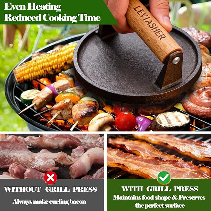 2.2 lb Heavy Duty Cast Iron Grill Press, 6.69 in Round 7.8X3.9in Rectangle Burger Press with Wood Handle for Blackstone, Griddle, Chef, Camp, Panini, Vegetable, Bacon, Sandwich, BBQ