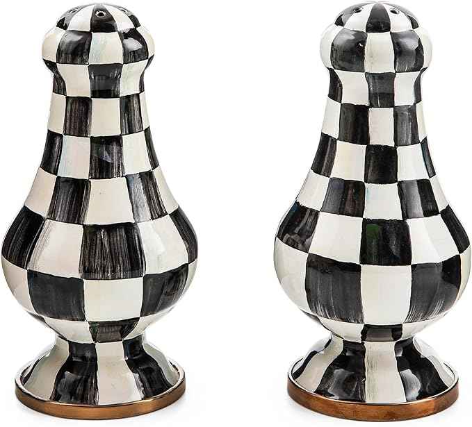 MACKENZIE-CHILDS Enamel Salt and Pepper Shakers, Kitchen Table Spice Shaker Set, Black-and-White Courtly Check, Large