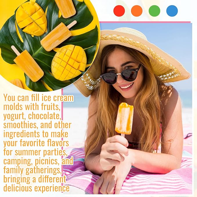 Hoolerry 4 Set Silicone Ice Lolly Molds, Reusable Ice Cream Molds with 200 Wooden Sticks, Easy Release Pop Maker, Frozen Treat Mold for Homemade, Red, Blue, Green, Orange(10 Cavities)