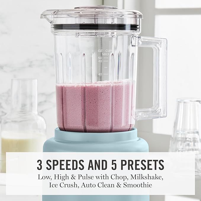 Martha Stewart 50oz Countertop Blender, Smoothie, Margarita & Ice Crushing Blender, BPA-Free Pitcher, 3 Speeds, 5 Presets, Auto-Clean Function, Dishwasher Safe, Stainless Steel Blades, Sky Blue