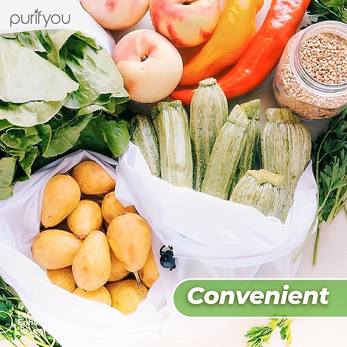 purifyou Set of 10 Reusable Mesh Produce Bags, Heavy Duty, Washable, Farmers Market Bag for Fruits, Vegetables, Groceries, Kitchen Storage, Home Organizer (12x20in)