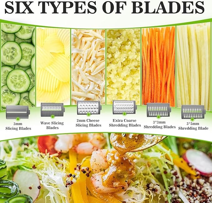 Electric Cheese Grater Salad Maker with 6 Repalce Stainless Steel Blades, Rotary Slicer One-Touch Kitchen Slicer Cheese Shredder for Vegetables, Fruits, Cheeses, Nuts Home Kitchen Use(White)