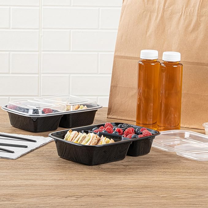 Asporto 32 Ounce Compartment Take Out Boxes, 50 Microwavable Meal Prep Containers - 2 Compartments, With Clear Plastic Lids, Black Plastic Food Containers, Do Not Contain BPA - Restaurantware