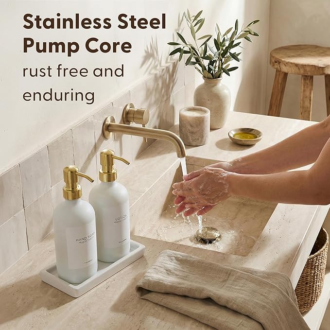MaisoNovo Soap and Lotion Dispenser Set - Bathroom Soap Dispenser Set with White Soap Dispenser, Gold Pumps & Ceramic Tray