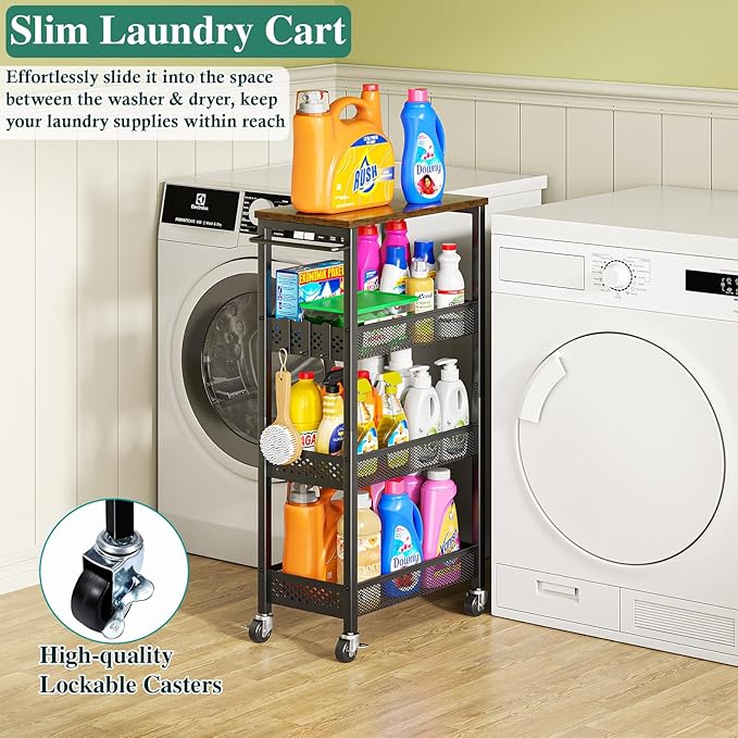 OKZEST Utility Slim Storage Cart, 4-Tier Narrow Bathroom Organizer and Storage Cart, Metal Narrow Kitchen Laundry Room Organization Rack with Wood Top, Slim Rolling Shelf with Wheels for Small Space