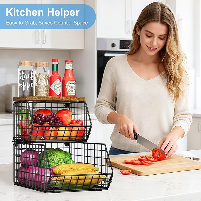 X-cosrack Stackable Wire Baskets for Counter, Fruit and Vegetable Storage, Potato and Onion Storage Bin，Kitchen Pantry Organizer - Wall Basket for Produce/Snack/Can, Large with Wood Top, Black