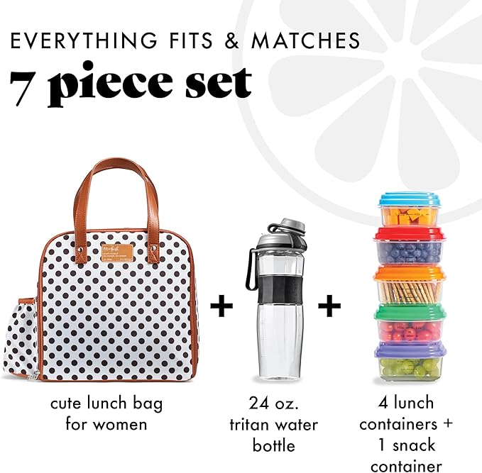 Fit & Fresh Lunch Bag For Women, Insulated Womens Lunch Bag For Work, Leakproof & Stain-Resistant Large Lunch Box For Women With Containers and Bottle, Zipper Closure Wichita Bag White Dot