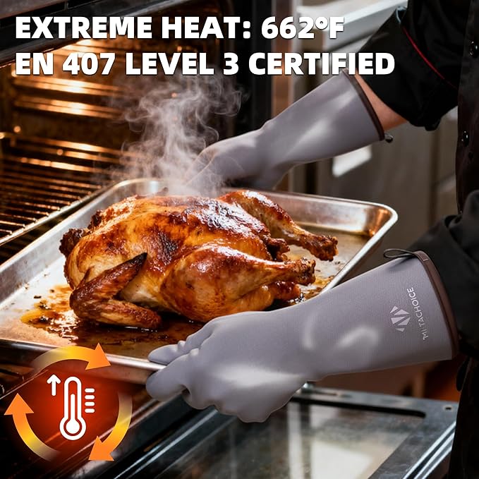 M-Size Pitmaster Gloves - Liquid Silicone BBQ Gloves Heat Resistant 482°F, Waterproof Smoker Oven Mitts for Grilling & Baking, 13" Long for Women & Medium Hands (Grey)