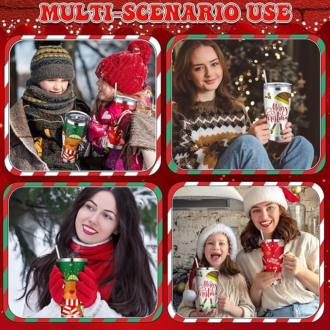 Mifoci 4 Pcs 30 oz Christmas Tumbler with Lid and Straw Stainless Steel Christmas Mug Double Insulated Cup Insulated Coffee Tumbler with Straw Brush for Holiday Coworkers Women Gifts (Style 4)