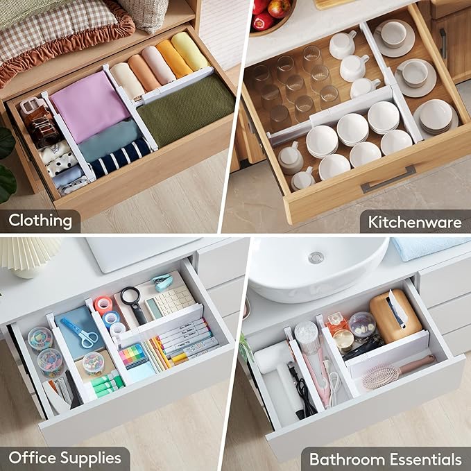 Lifewit 8 Pack 4" High Drawer Dividers 28-43.5cm/11-17" Adjustable Drawer Organizer for Clothes/Utensils, Expandable Drawer Separator in Dresser/Kitchen/Bedroom/Office Organization & Storage White