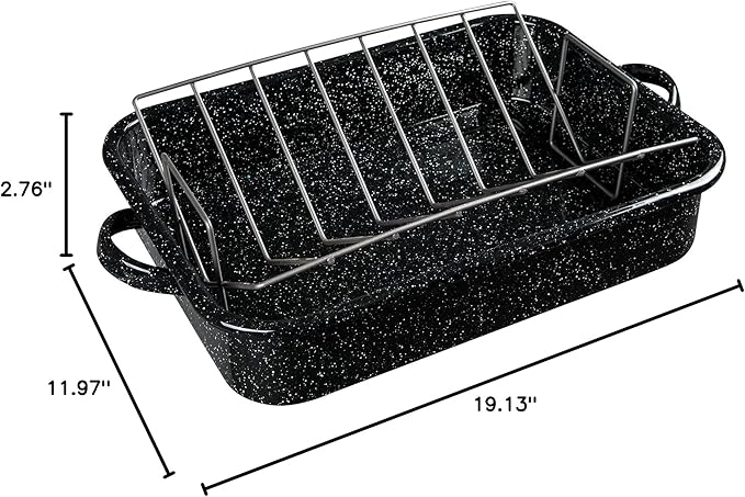 Granite Ware 19-Inch Roasting Pan With V-Rack - Nonstick Rectangular Roaster for Poultry, Baking, Broiling, Grilling - Durable Cookware for Holiday Feasts & Daily Meals - Family Size, Made of Steel