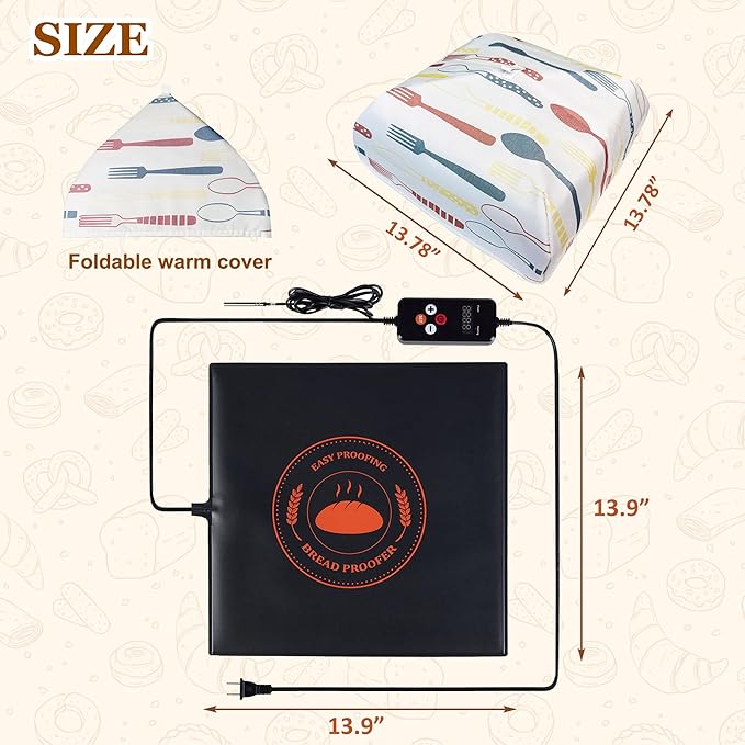 Bread Proofing Mat with Warm Cover, Sourdough Hearting Mat, Sourdough Warming Mats with Thermostat Temperature Control, 13.9" x 13.9" Bread Proofer Dough Warmer for Home Kitchen Baking