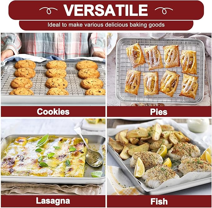 TeamFar Stainless Steel Baking Sheet with Rack Set, 17.6/16/12.5 Inch Cookie Sheets Baking Pans and Cooling Racks for Cooking Serving, Non-Toxic & Heavy Duty, Dishwasher Safe, 6 PCS (3 Pans + 3 Racks)