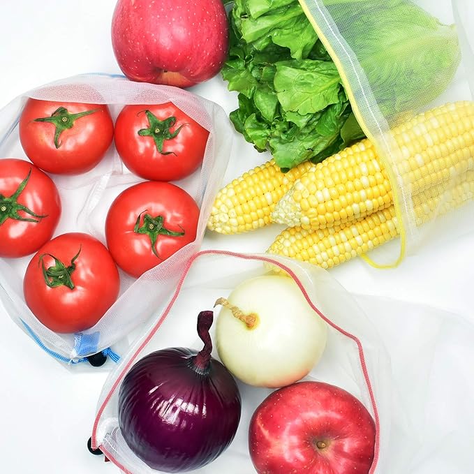 24 pack Reusable Produce Bags,Reusable produce bags for grocery,mesh bags See-Through and Washable Grogery Bags with 3 Sizes useful for storage fruits,vegetables,toys