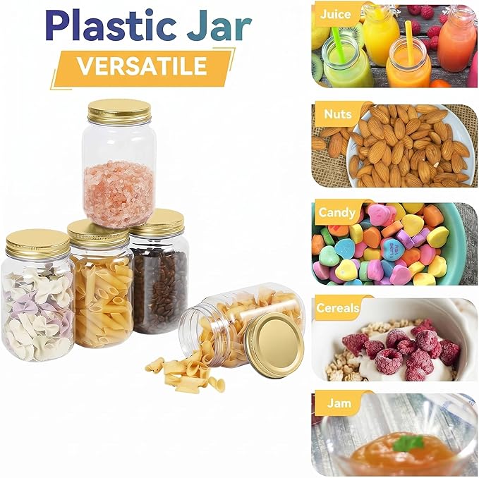 novelinks 16 oz Clear Plastic Jars with Lids, Refillable 16oz Mason Jars with Lids & Storage Containers for Kitchen & Household Use (24 Pack,Gold)