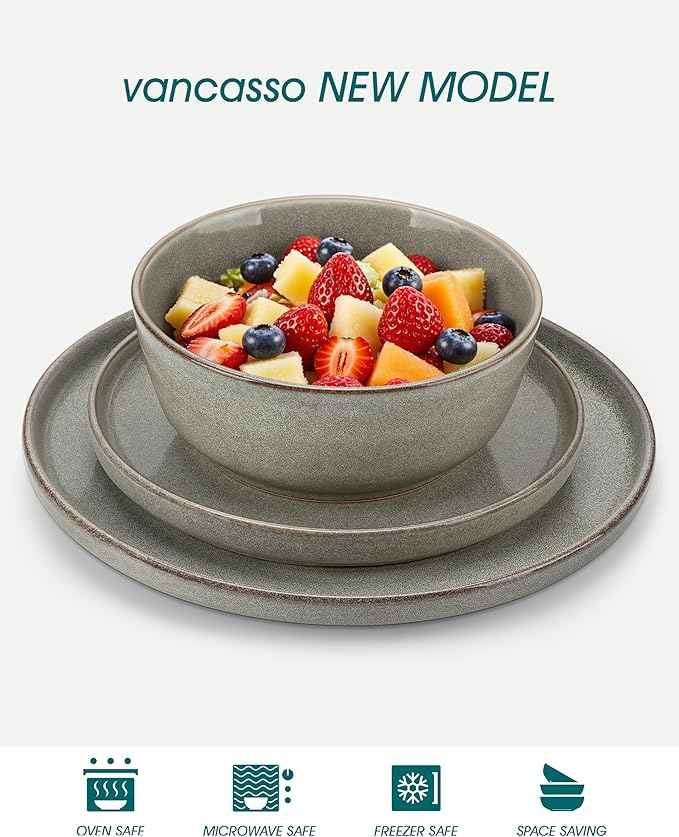vancasso ANYA 24 Pieces Plates and Bowls Set, Stone Grey Dinnerware Sets, Reactive Glaze Dishes Set for 8, Ceramic Dishware Sets Kitchen Dinner Set, Microwave & Dishwasher Safe