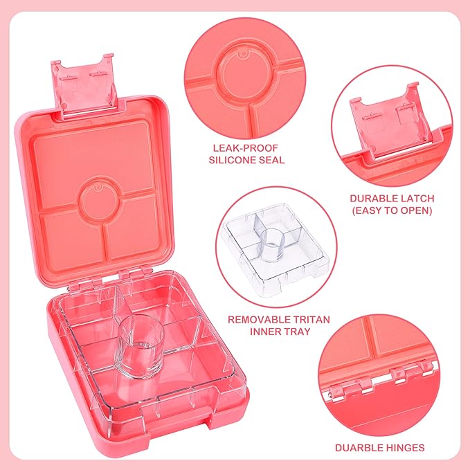 Pawtong Bento Lunch Box Set With 10oz Soup Thermo, Leak-proof Lunch Containers with 4 Compartment, Kids Hot Thermo Food Jar/Insulation Lunch Bag, Food Containers for School（Flamingo）